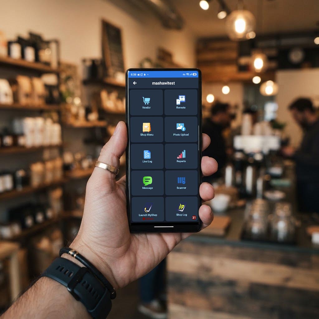 MyShop control app home screen with Vendor, Remote, Shop Menu, Reports, Scanner and more