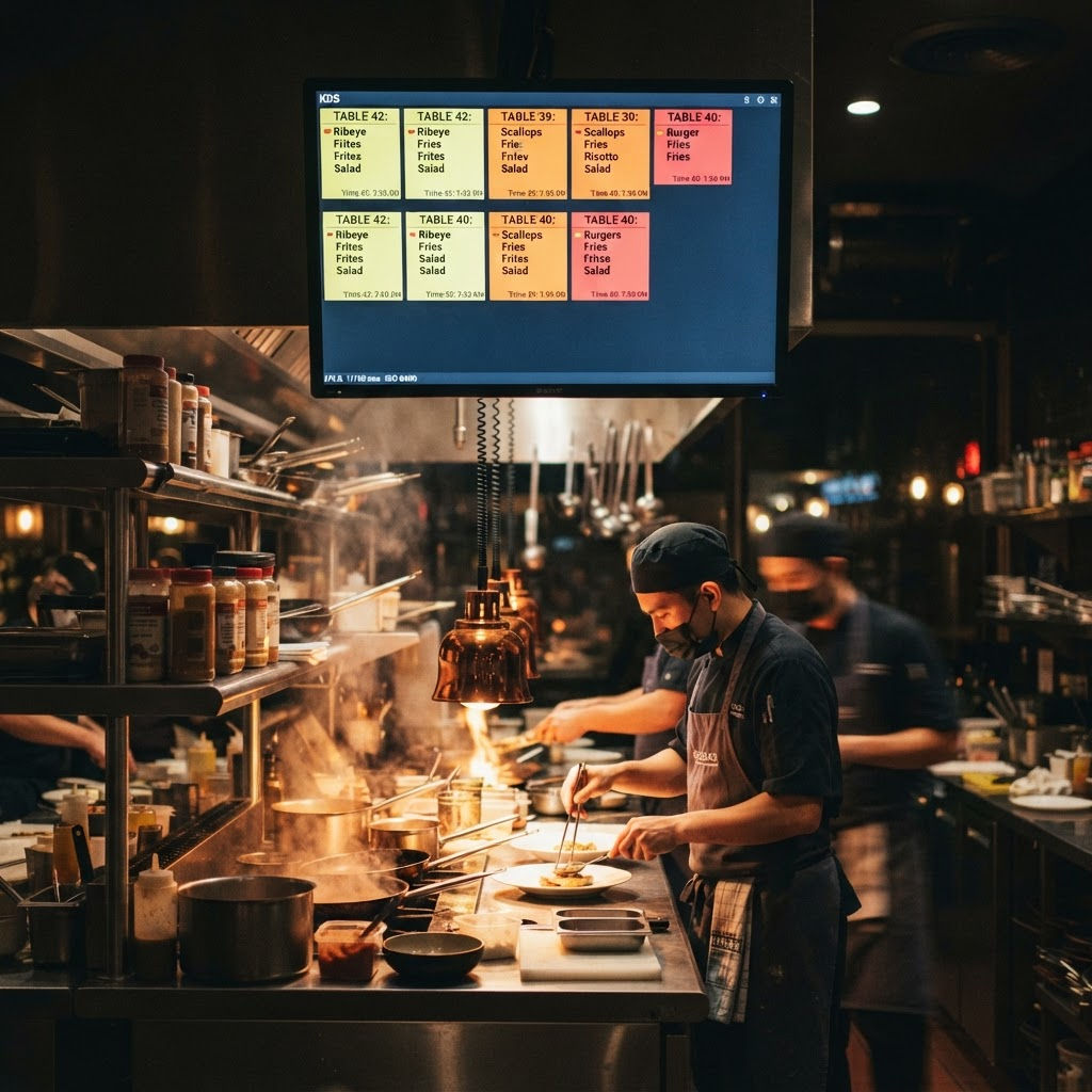 Kitchen order display screen showing incoming orders
