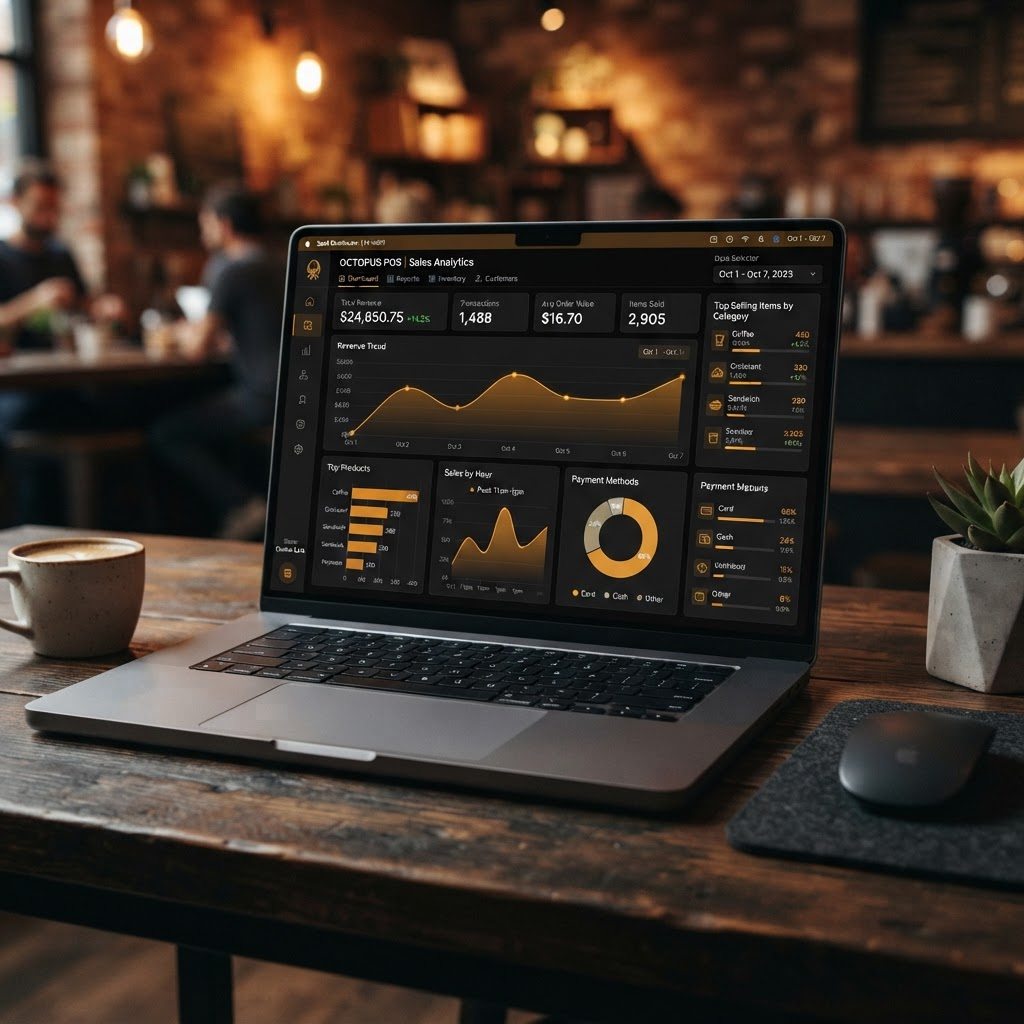 Analytics dashboard with sales charts and reports