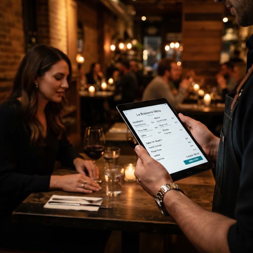 Waiter taking a wireless order on a tablet