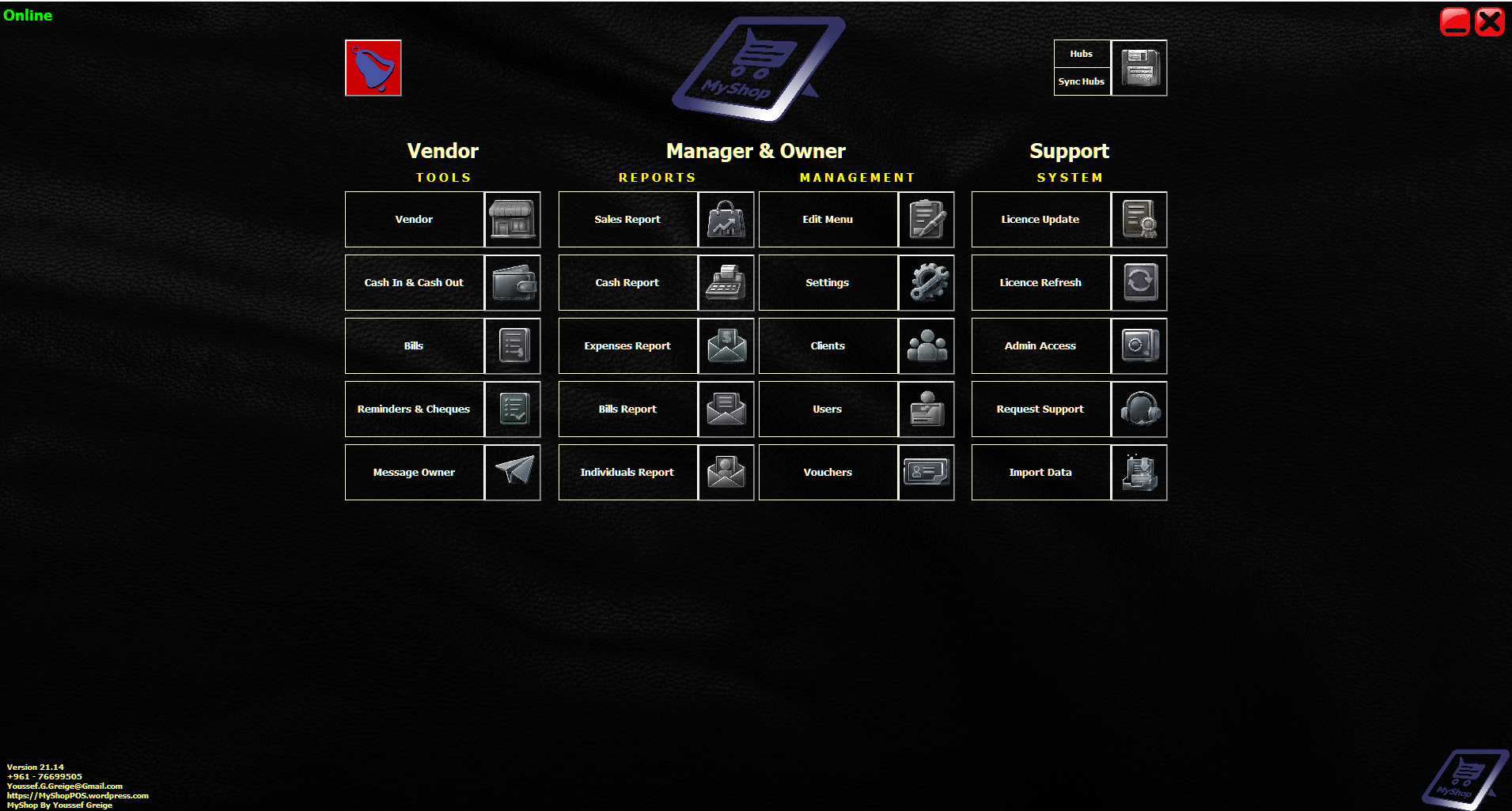MyShop POS main dashboard with vendor, manager and support modules