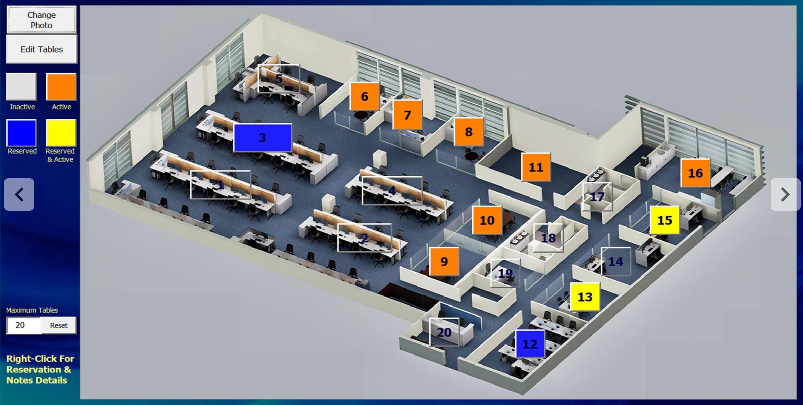 Visual 3D table layout with color-coded reservation status